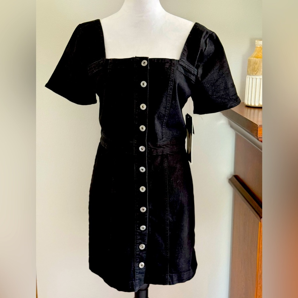 Girl-ish Button-Down Black Denim Dress, Juniors
